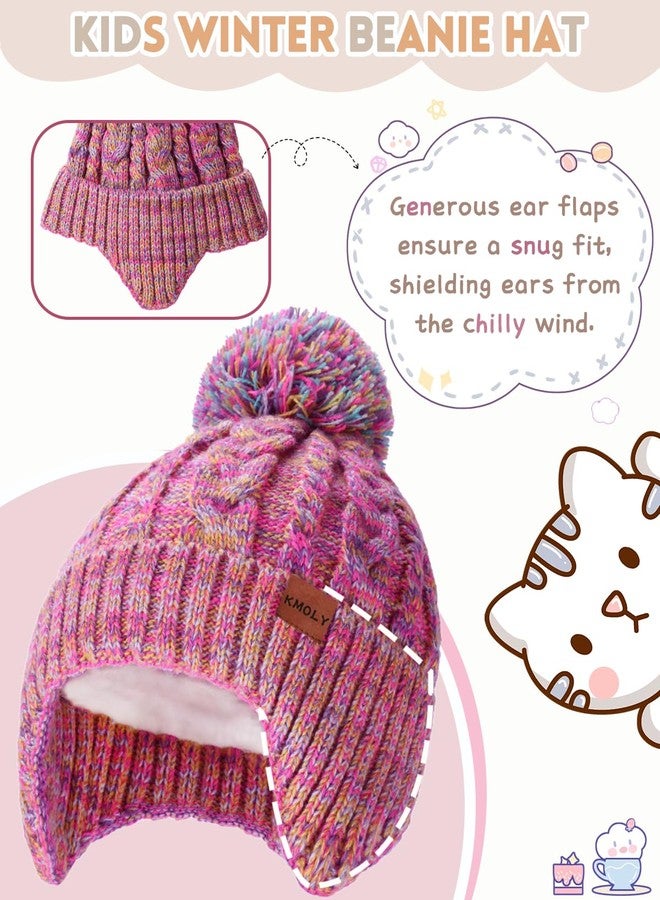 KMOLY Kids Toddler Winter Hat 2PCS,Thick Warm Beanie with Pom Pom Fleece Lined Earflap Knit Hat for Boys Girls Children (US, Alpha, One Size, Mix Rainbow+Purple) - Image 2