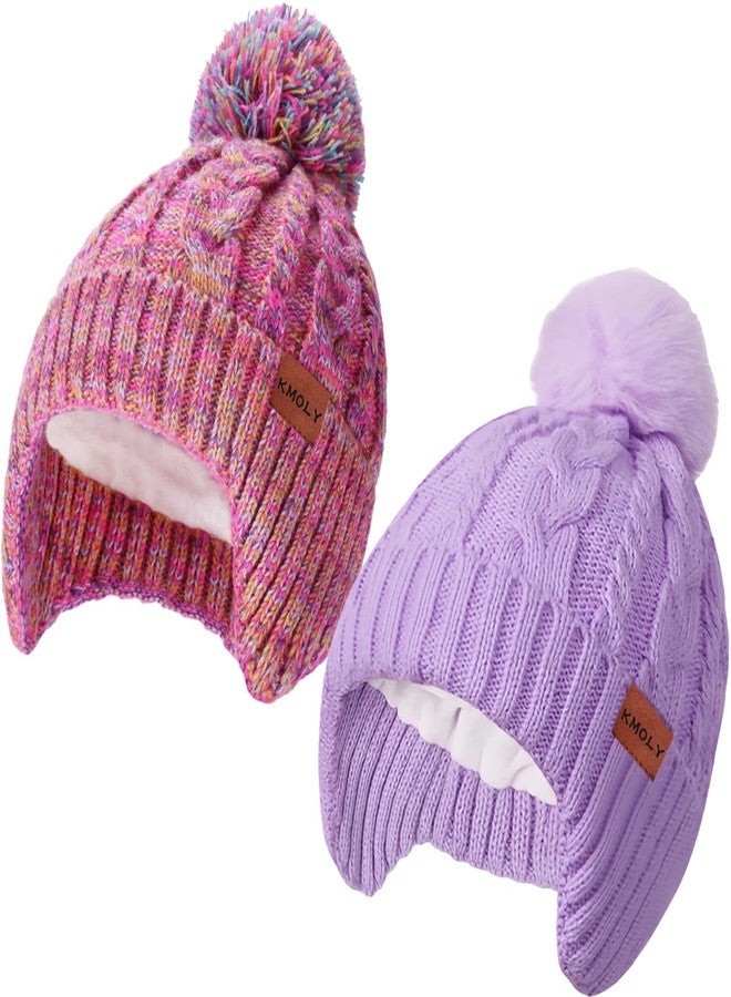 KMOLY Kids Toddler Winter Hat 2PCS,Thick Warm Beanie with Pom Pom Fleece Lined Earflap Knit Hat for Boys Girls Children (US, Alpha, One Size, Mix Rainbow+Purple) - Image 1