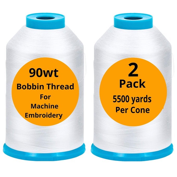 2PACK PREMIUM 90 WT MACHINE EMBROIDERY BOBBIN THREAD WHITE SET OF 2 XLARGE HUGE POLYESTER CONES 5500 YARDS EACH SPOOL LINT FREE WHITE THREAD COMPATIBLE WITH ALL EMBROIDERY AND SEWING MACHINES