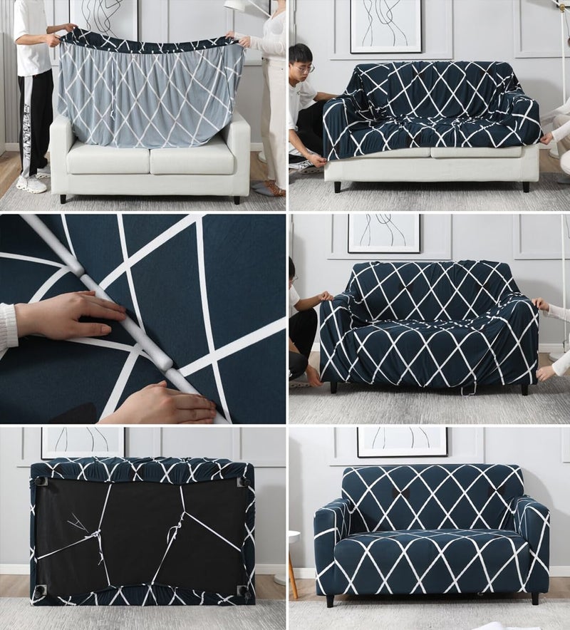 B BESTILO Sofa Cover 3 Seater and 2 Seater Fully Covered Universal 5 Seater Sofa Cover Non-Slip Sticky Elastic Stretchable Sofa Set Imported Slipcover Protector (Blue Diamond, Five Seater (3+1+1)) - Image 5