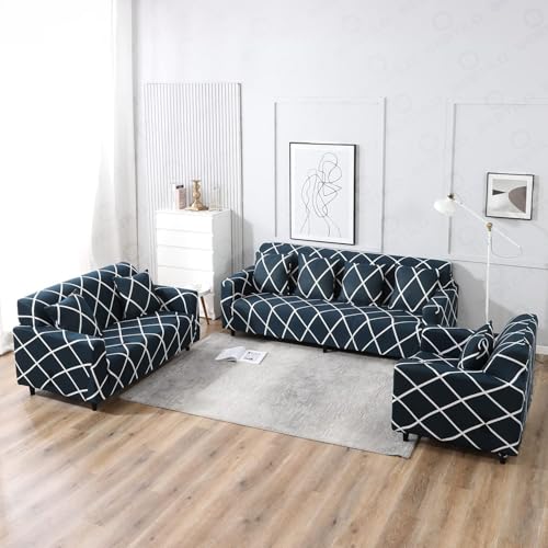 B BESTILO Sofa Cover 3 Seater and 2 Seater Fully Covered Universal 5 Seater Sofa Cover Non-Slip Sticky Elastic Stretchable Sofa Set Imported Slipcover Protector (Blue Diamond, Five Seater (3+1+1)) - Image 4