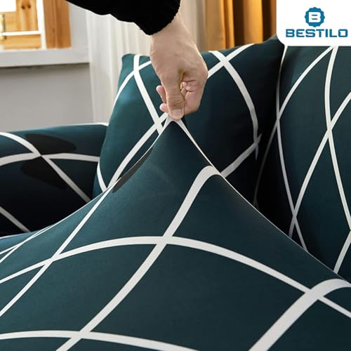 B BESTILO Sofa Cover 3 Seater and 2 Seater Fully Covered Universal 5 Seater Sofa Cover Non-Slip Sticky Elastic Stretchable Sofa Set Imported Slipcover Protector (Blue Diamond, Five Seater (3+1+1)) - Image 2
