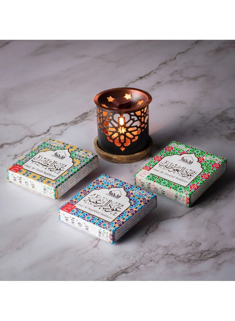 DUKHNI Oud Al Teeb, Oud Al Raghbah, Oud Al Awatef Bakhoor Set 3X Piece each & Oriental Bakhoor Burner | Arabic Bakhoor Incense | Perfect to Relax & Meditate | Great Gift - Image 1