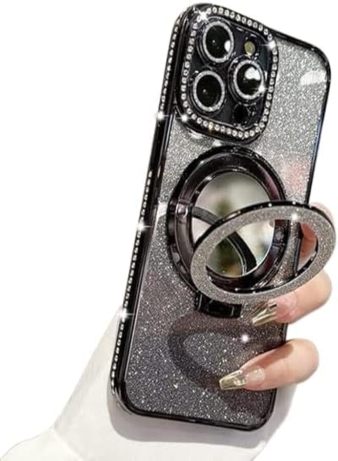 Next Next Store Compatible with iPhone 11 Pro Case, Camera Lens Protector, Bling Rhinestone Cover, Diamond Mirror Case - with Shiny Magnetic Stand, Supports Magnetic Charging. (Black)