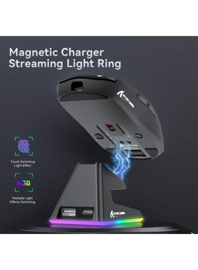 Attack Shark Shark Attack X6 Wireless Lightweight Gaming Mouse with RGB Backlit Charging Base and 3 Wired Modes 2.4G BT5.2 Up to 26K DPI RGB Touch Magnetic Charging Base Black - Image 2