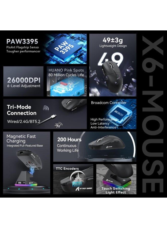 Attack Shark Shark Attack X6 Wireless Lightweight Gaming Mouse with RGB Backlit Charging Base and 3 Wired Modes 2.4G BT5.2 Up to 26K DPI RGB Touch Magnetic Charging Base Black - Image 5
