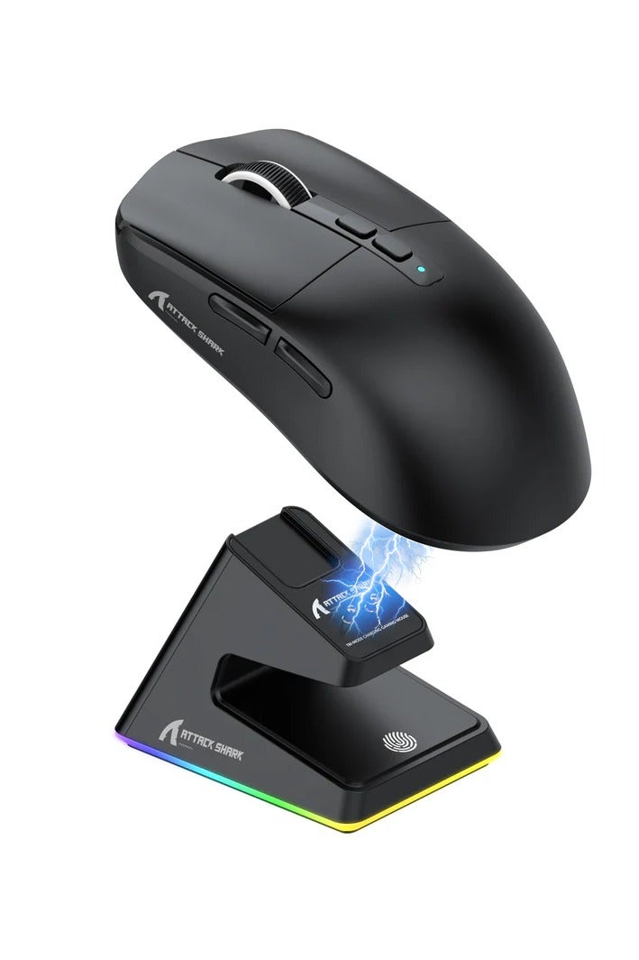Attack Shark Shark Attack X6 Wireless Lightweight Gaming Mouse with RGB Backlit Charging Base and 3 Wired Modes 2.4G BT5.2 Up to 26K DPI RGB Touch Magnetic Charging Base Black - Image 1