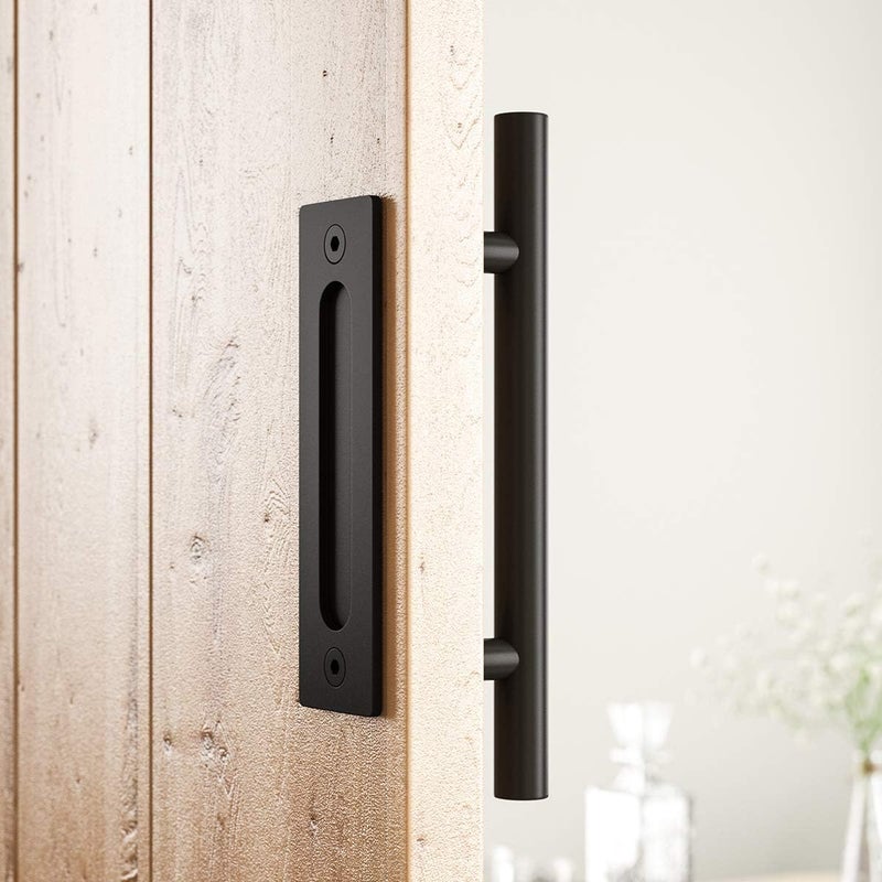 SMARTSTANDARD 12" Heavy Duty Sliding Barn Door Handle, Pull and Flush Hardware Set, Black Powder Coated Finish, Large Rustic Two-Side Design, Round - Image 4