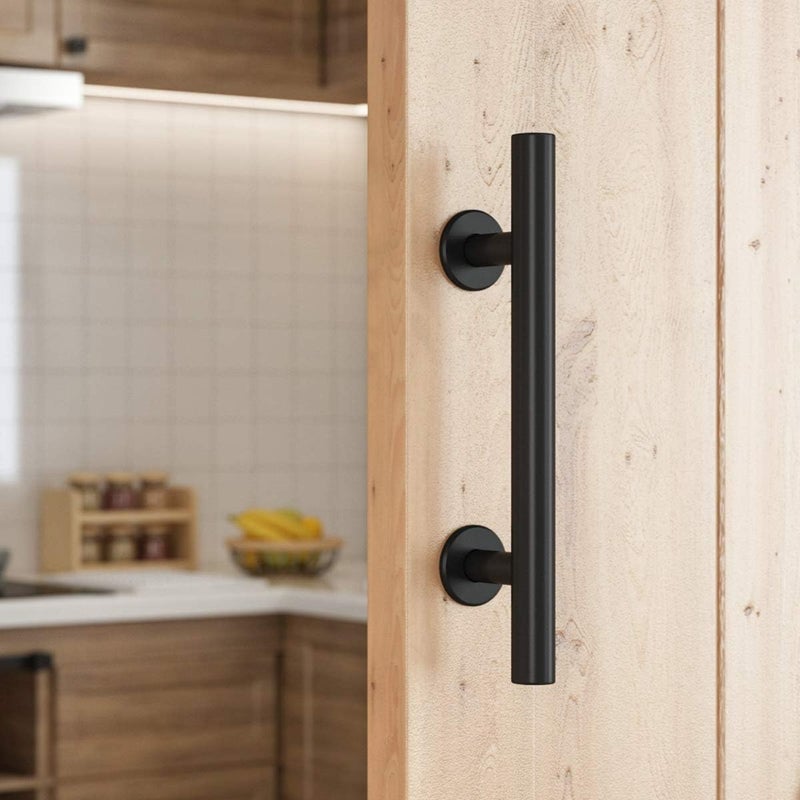 SMARTSTANDARD 12" Heavy Duty Sliding Barn Door Handle, Pull and Flush Hardware Set, Black Powder Coated Finish, Large Rustic Two-Side Design, Round - Image 3