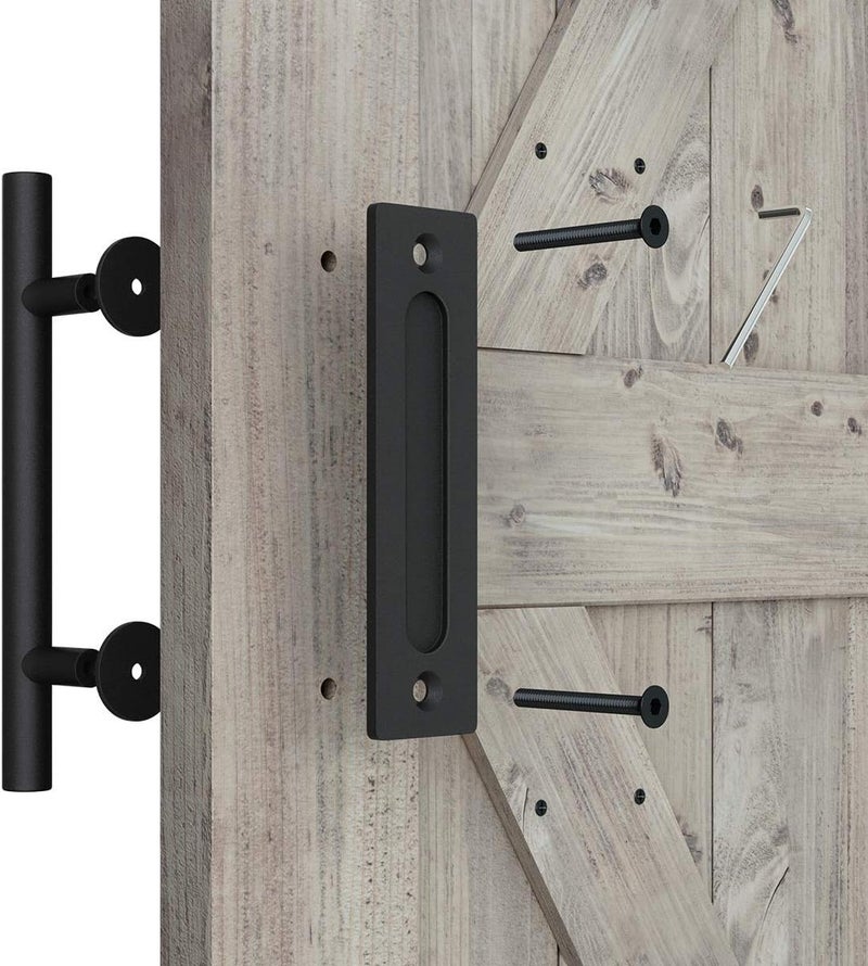 SMARTSTANDARD 12" Heavy Duty Sliding Barn Door Handle, Pull and Flush Hardware Set, Black Powder Coated Finish, Large Rustic Two-Side Design, Round - Image 1