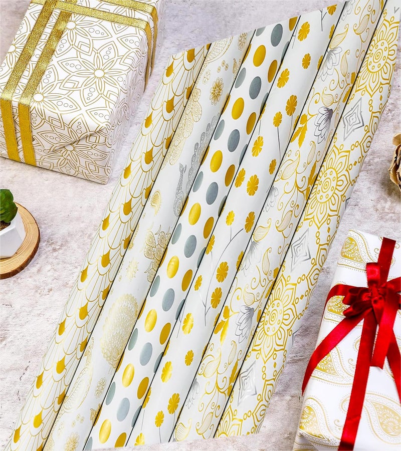 OFIXO (MD-101) Gift Wrapping Paper, Gift Paper, Roll, Gift Papers Sheets, Gift Cover Rapping Paper, Gift Packing Paper sheet for Gift Packing (Mix Design - Pack of 6 With 6 Ribbon & 6 Sticker) - Image 1