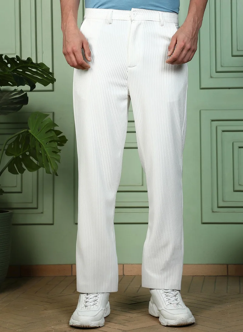 Campus Sutra Men Tactile-Striped Straight Trousers | Mid-Rise, Straight-Fit | Button Closure, Straight Hem | Solid Textured | Woven Fabric For Casual & Daily Wear | Chalk White