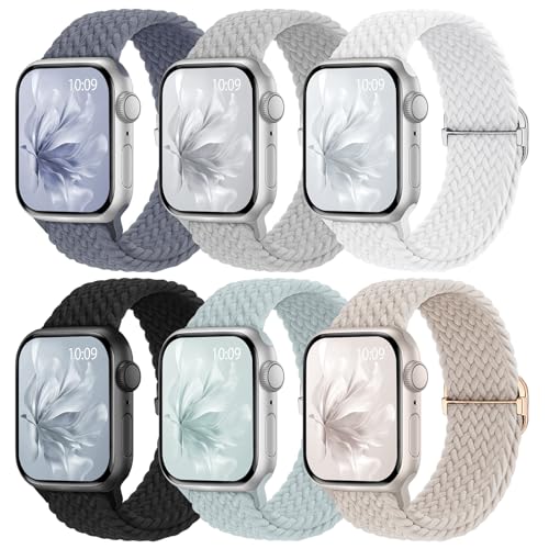 Knossen 6 Pack Braided Stretchy Bands Compatible with Apple Watch Band 38mm 40mm 41mm 42mm 44mm 45mm 46mm 49mm Women Men, Adjustable Nylon Solo Loop Elastic Straps for iWatch Series 11 10 9 8 7 6 5 4 SE Ultra - Image 1