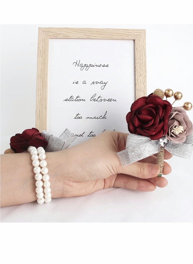 SYOSI Wrist Corsage,Corsage and Boutonniere Set, Bridesmaid Wedding Flower Corsages and Hand Flower Set of 2,  Rose Wrist Corsage Ribbon Bracelet for Wedding Prom Party, Artificial Flower (Red)  - Image 3