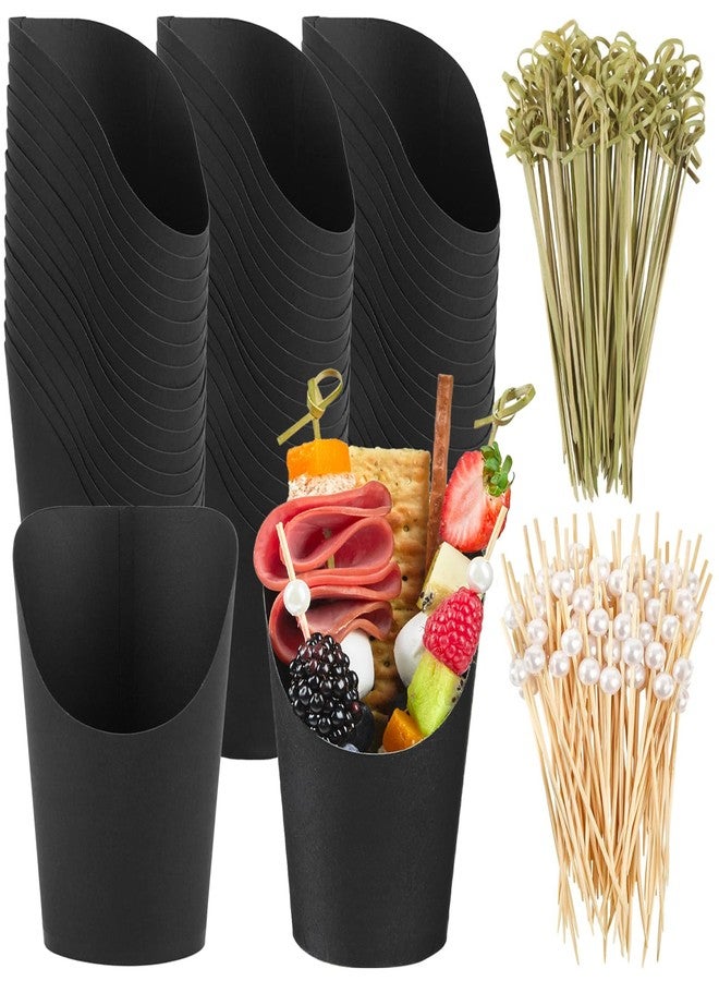 Ocmoiy Charcuterie Cups with Sticks Black Disposable 14 oz Kraft Paper Appetizer Cups, Individual Party Serving Snack Cups (50 Cups, 200 Picks) - Image 1