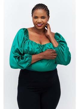 Collective The Label Women Curve Plain Balloon Sleeve Cut-Out Bodysuit, Green  - Image 1