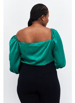 Collective The Label Women Curve Plain Balloon Sleeve Cut-Out Bodysuit, Green  - Image 3