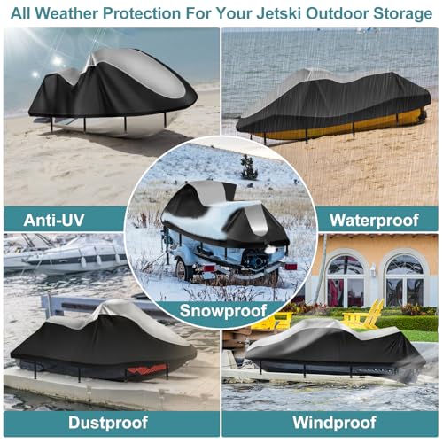 GRABADO Jet Ski Cover, Durable 420D Jetski Covers 2 3 Seater Waterproof, UV Resistant Jetski Cover with 2 Air Vents, 4 Windproof Buckles, All Weather Universal Cover for Yamaha Seadoo (136"-145") - Image 5
