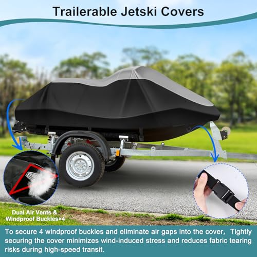 GRABADO Jet Ski Cover, Durable 420D Jetski Covers 2 3 Seater Waterproof, UV Resistant Jetski Cover with 2 Air Vents, 4 Windproof Buckles, All Weather Universal Cover for Yamaha Seadoo (136"-145") - Image 4