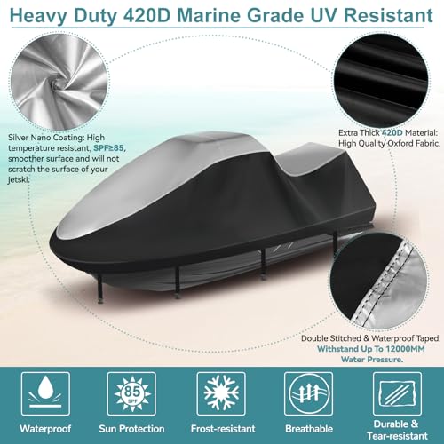 GRABADO Jet Ski Cover, Durable 420D Jetski Covers 2 3 Seater Waterproof, UV Resistant Jetski Cover with 2 Air Vents, 4 Windproof Buckles, All Weather Universal Cover for Yamaha Seadoo (136"-145") - Image 2