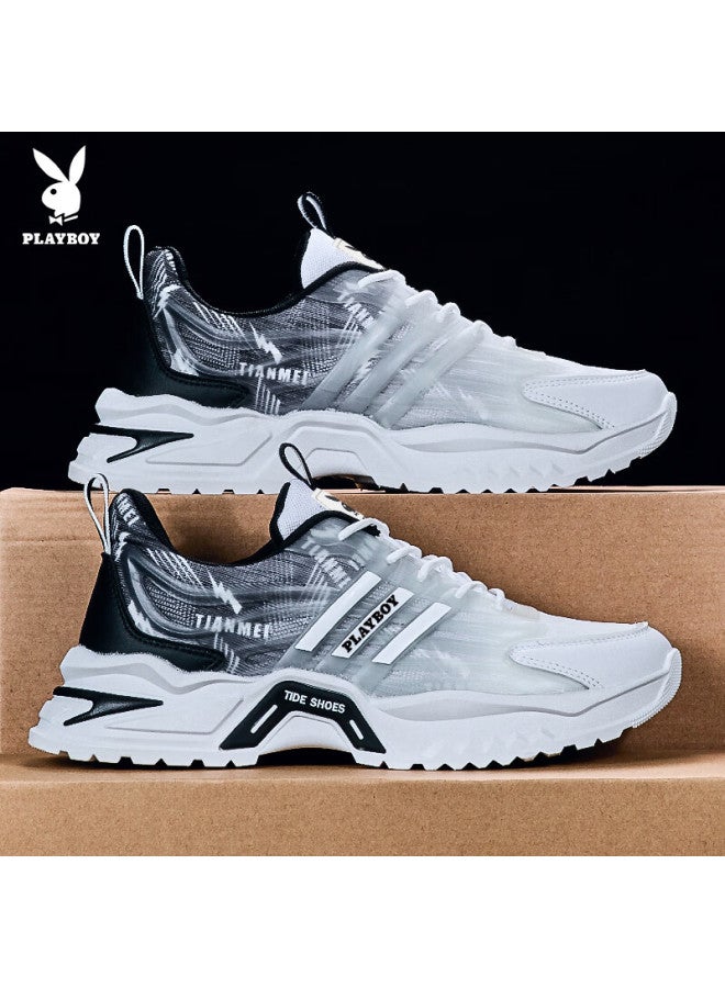 Playboy Men's Chunky Sneakers Summer Shoes Men's Thick-soled Casual Shoes Men's Mesh Sports Shoes Black And White Size 44 - Image 4