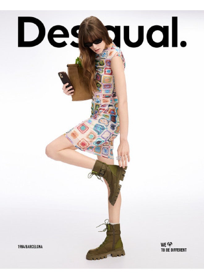 DESIGUAL فستان بدون أكمام مزين بطبعة كروشيه مع كشكش ss25 - Image 1