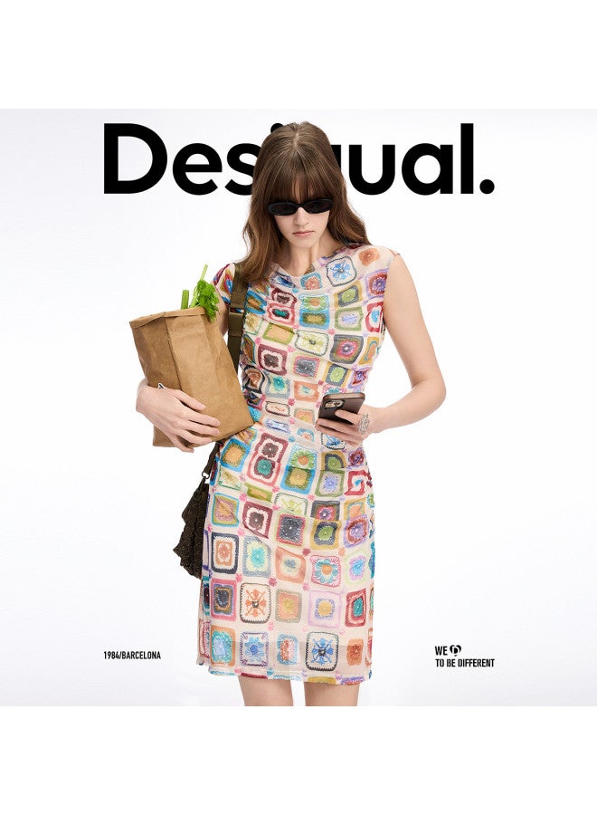 DESIGUAL فستان بدون أكمام مزين بطبعة كروشيه مع كشكش ss25 - Image 4