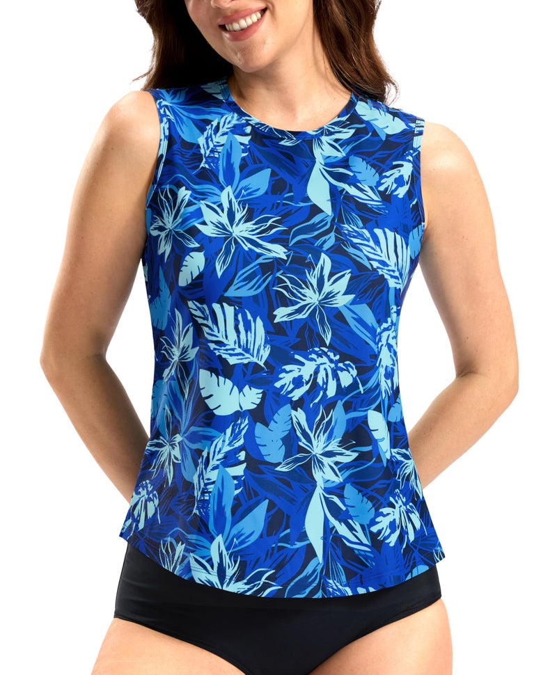 SANTINY Sleeveless Rash Guard for Women UPF 50+ Modest Swimsuit Quick Dry High Neck Bathing Suit Swim Top Swim Tank (Blue Leaf_L) - Image 1