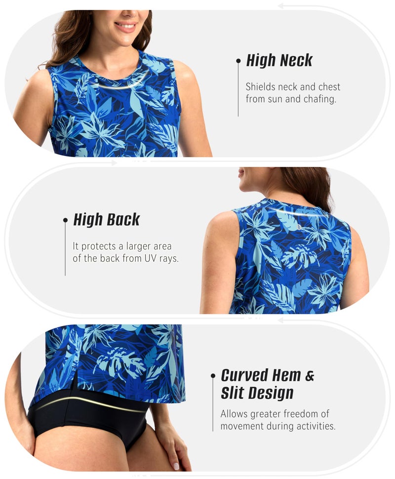 SANTINY Sleeveless Rash Guard for Women UPF 50+ Modest Swimsuit Quick Dry High Neck Bathing Suit Swim Top Swim Tank (Blue Leaf_L) - Image 5