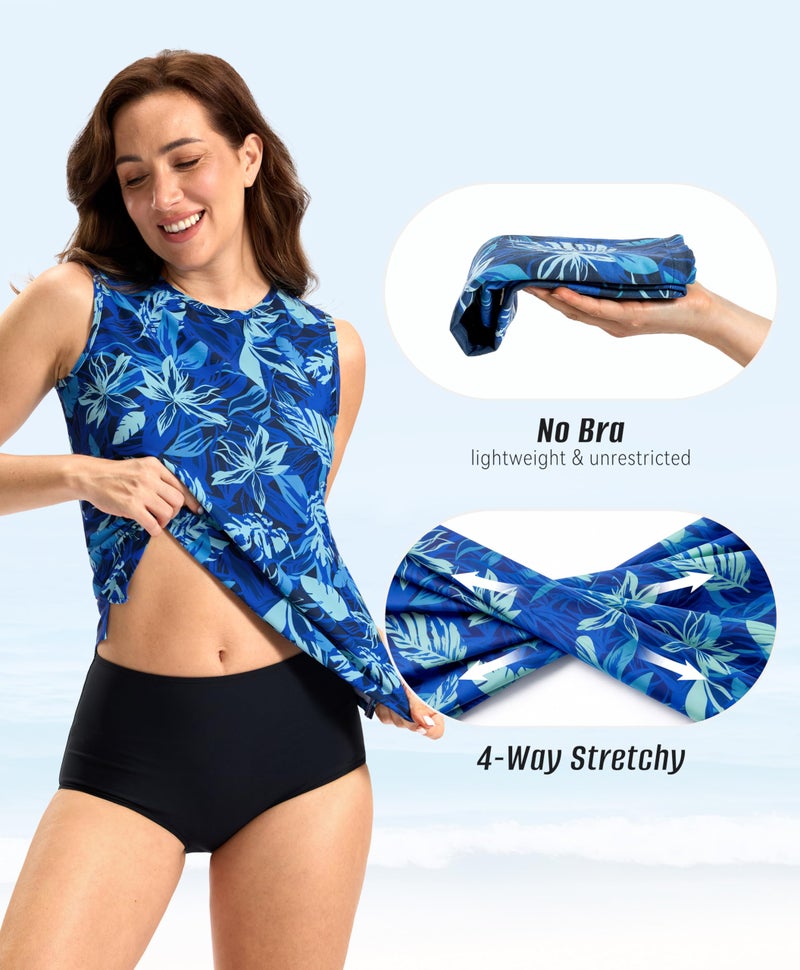 SANTINY Sleeveless Rash Guard for Women UPF 50+ Modest Swimsuit Quick Dry High Neck Bathing Suit Swim Top Swim Tank (Blue Leaf_L) - Image 4