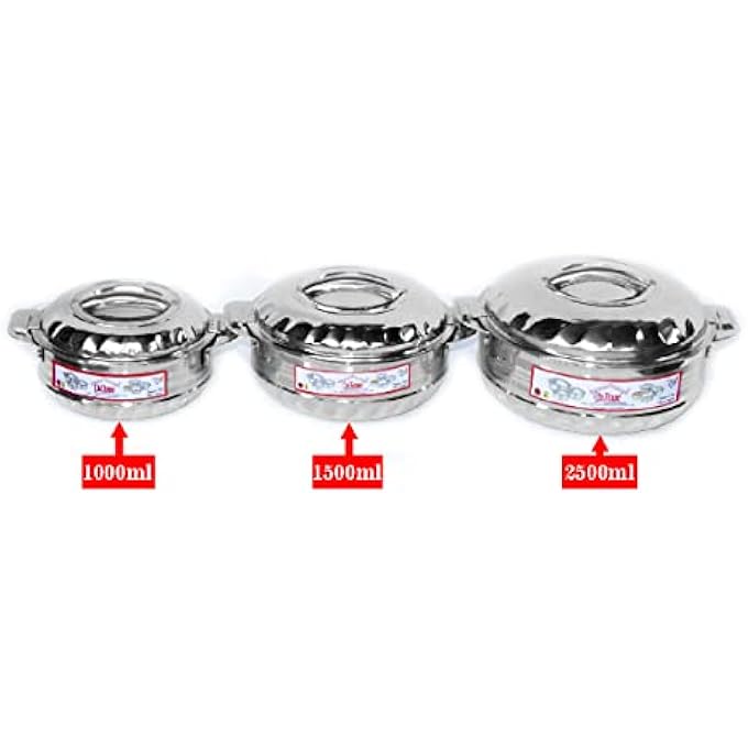 rayihni Hot Pot 3Pcs Set CasseroleHotpotChapati BoxChapati ContainerHot Case In Stainless Steel 1000Ml 1500Ml 2500Ml Flora Silver Touch - Image 2
