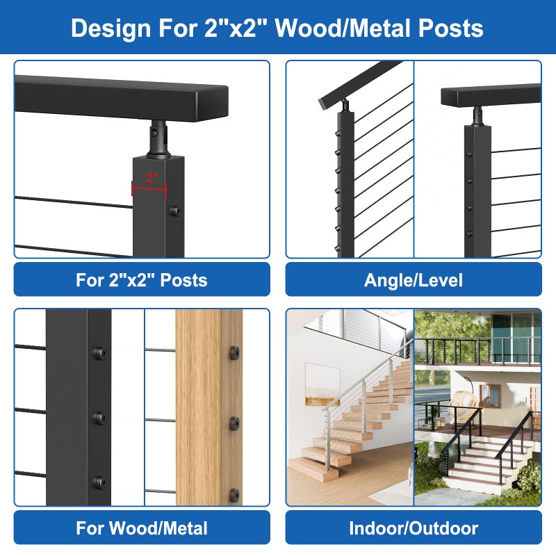 BLIKA Upgraded 20 Pairs 1/8" Black Invisible Cable Railing Kit, Hidden Swage Tensioner and Ends for 2"x2" Wood & Metal Posts, T316 Stainless Steel, Deck Stair Cable Railing Hardware - Image 4