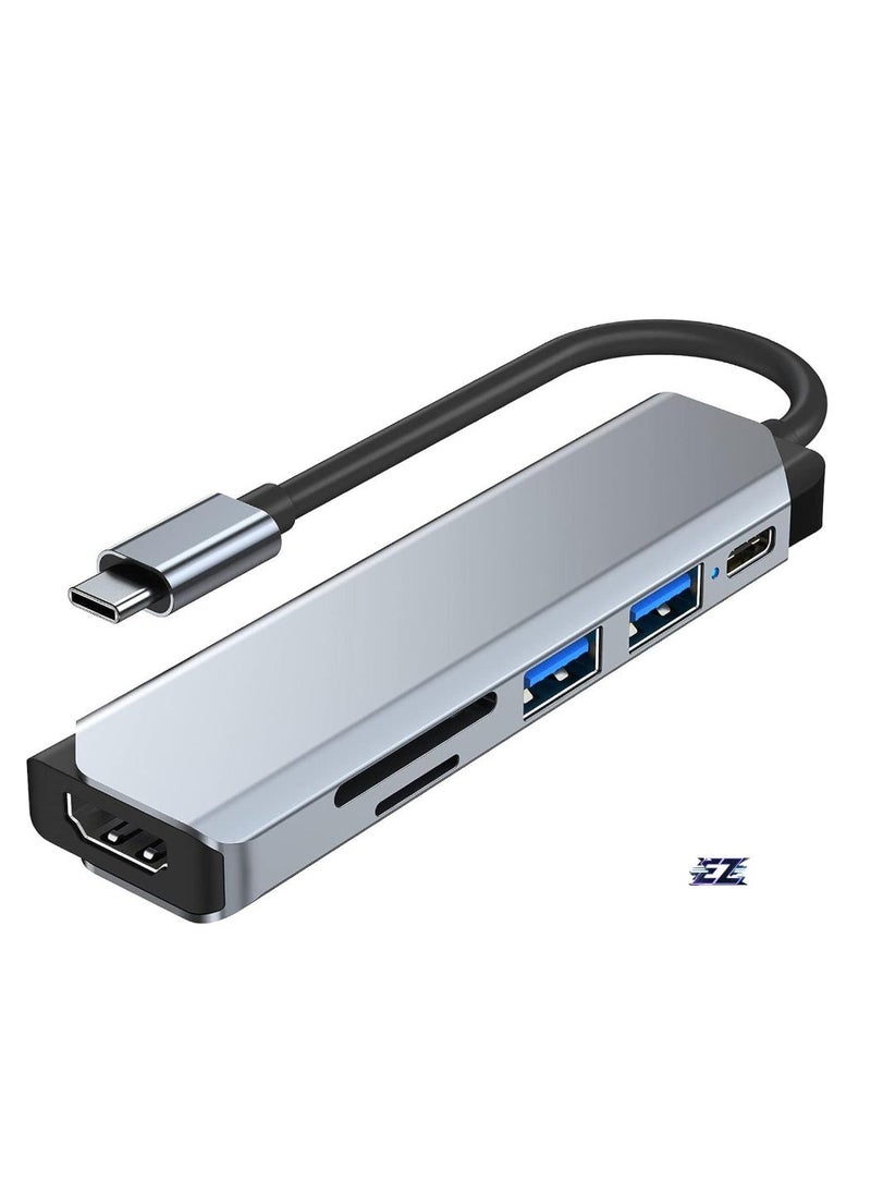 ELTRAZONE USB C Hub 6-in-1 Adapter, Multiport Docking Station with USB 3.0, USB 2.0, SD/TF Card Readers, USB-C Ports, Compatible with MacBook Pro, Laptops, Smartphones – Space Grey - Image 1