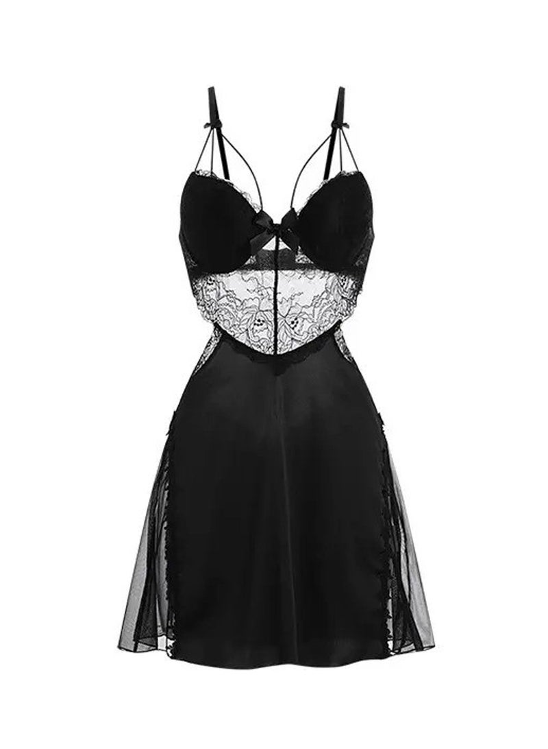 Caprisious Women's Backless Silk Satin Nightgown Set - Elegant V-Neck, Lace Stripe Lingerie Sleepwear for Comfortable and Luxurious - Image 1