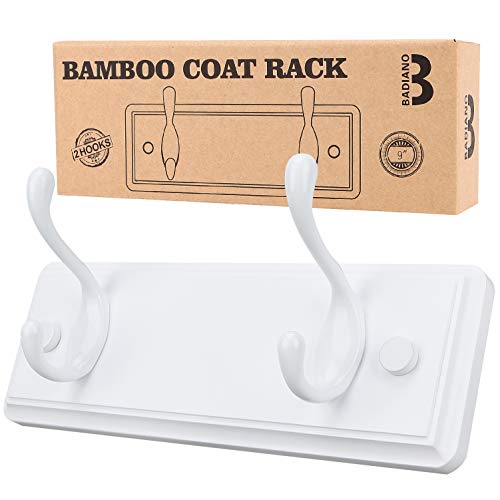 Badiano Wooden Coat Rack, Wall-Mounted Organizer for Closet, Entryway, Hallway, Foyer, Bedroom, Heavy Duty Double Hooks for Hanging Towels, Bags, Hats, Jackets, Key (White, 2 Hooks) - Image 1