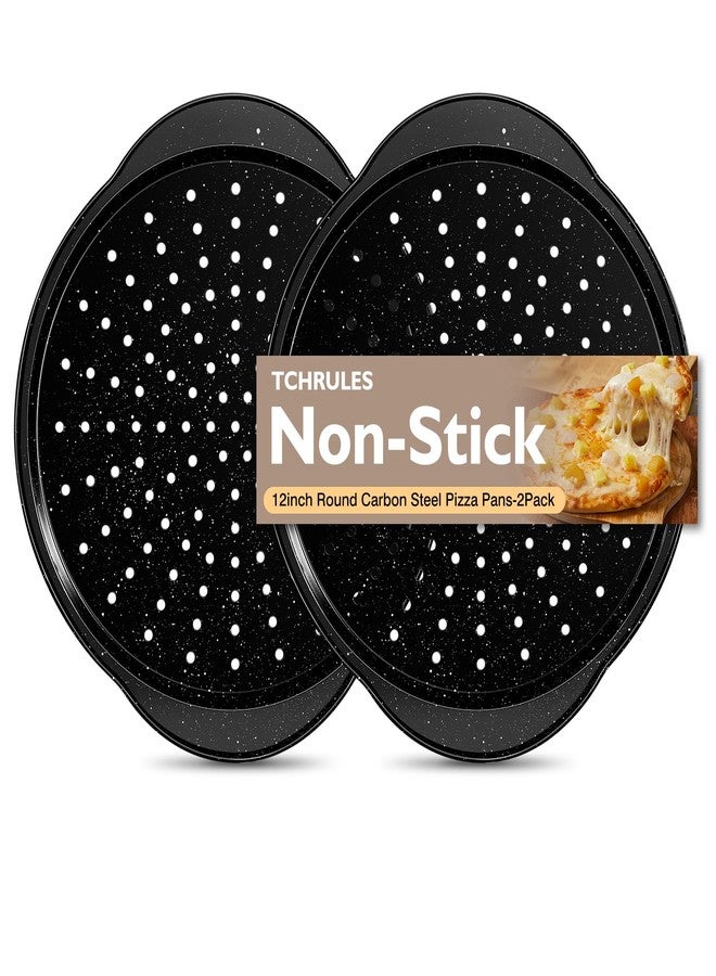 tchrules 2 Pack Pizza Pan 12 Inch with Holes&Handle, Non-Stick Carbon Steel Pizza Tray for Oven, Rust-Proof, Dishwasher-Safe, for Cooking, Baking, and Grilling (2, 12inch) - Image 1