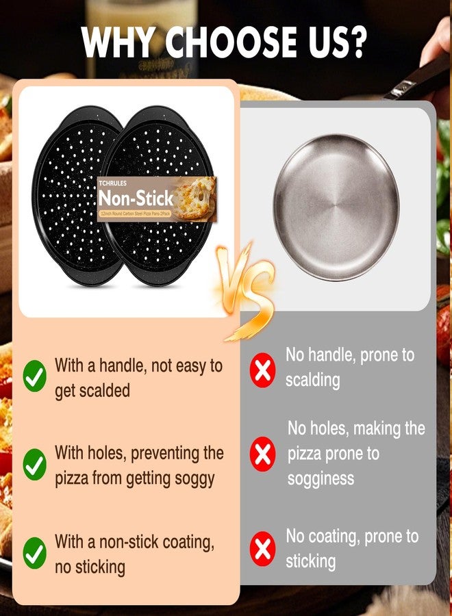 tchrules 2 Pack Pizza Pan 12 Inch with Holes&Handle, Non-Stick Carbon Steel Pizza Tray for Oven, Rust-Proof, Dishwasher-Safe, for Cooking, Baking, and Grilling (2, 12inch) - Image 3