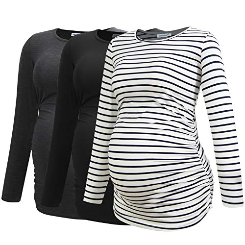 Smallshow Womens Maternity Shirts Long Sleeve Pregnancy Clothes Tops 3Pack Large BlackDeep GreyWhite Stripe