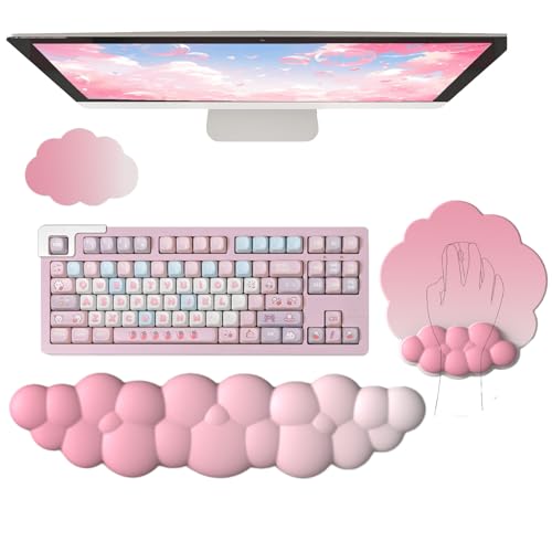 WFCYGL Cloud Wrist Rest Keyboard Pink Mouse Pad Set with Wrist Rest Ergonomic Wrist Pad Memory Foam Non-Slip Base Cute Gradient Wrist Support for Computer Laptop Gaming Home Office Relief Typing Pain - Image 1