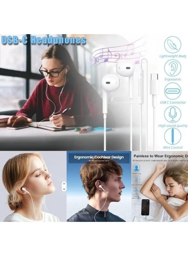 USB-C Wired Earphones with Microphone & Volume Control, Hi-Fi Stereo Sound, Noise Isolating In-Ear Headphones, Ergonomic Comfortable Fit for Type-C Smartphones, Tablets, Laptops and USB-C Devices – White - Image 3