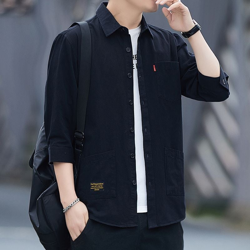 Summer short-sleeved shirt Korean-style comfortable cotton non-ironing mens loose three-quarter sleeve shirt workwear half-sleeve coat Black-3/4 sleeve - Image 1