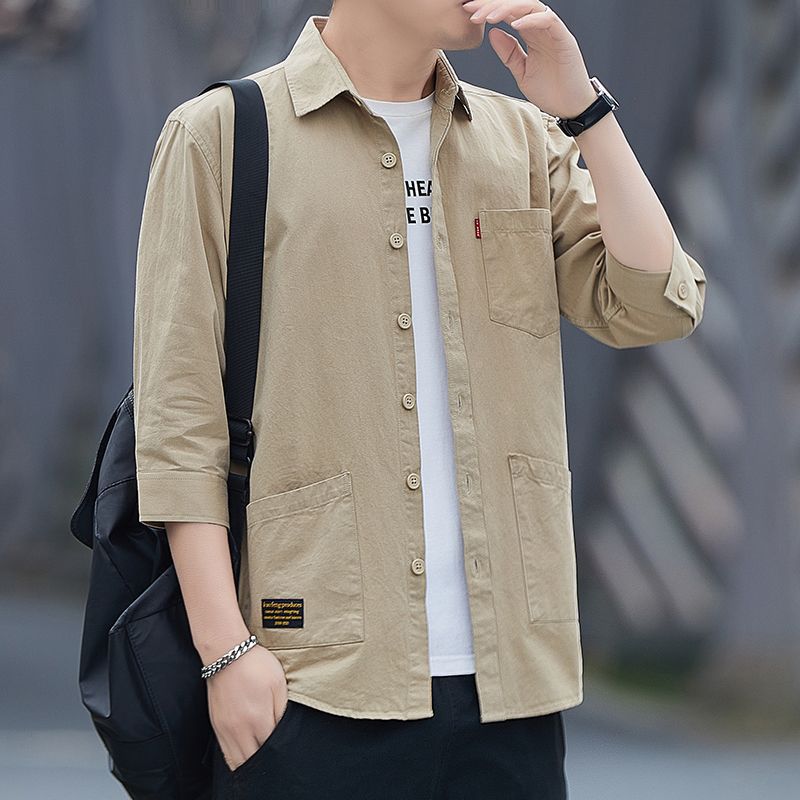 Summer short-sleeved shirt Korean-style comfortable cotton non-ironing mens loose three-quarter sleeve shirt workwear half-sleeve coat Black-3/4 sleeve - Image 4
