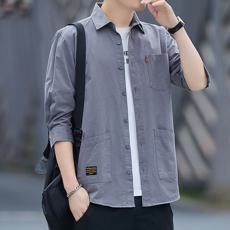 Summer short-sleeved shirt Korean-style comfortable cotton non-ironing mens loose three-quarter sleeve shirt workwear half-sleeve coat Black-3/4 sleeve - Image 2