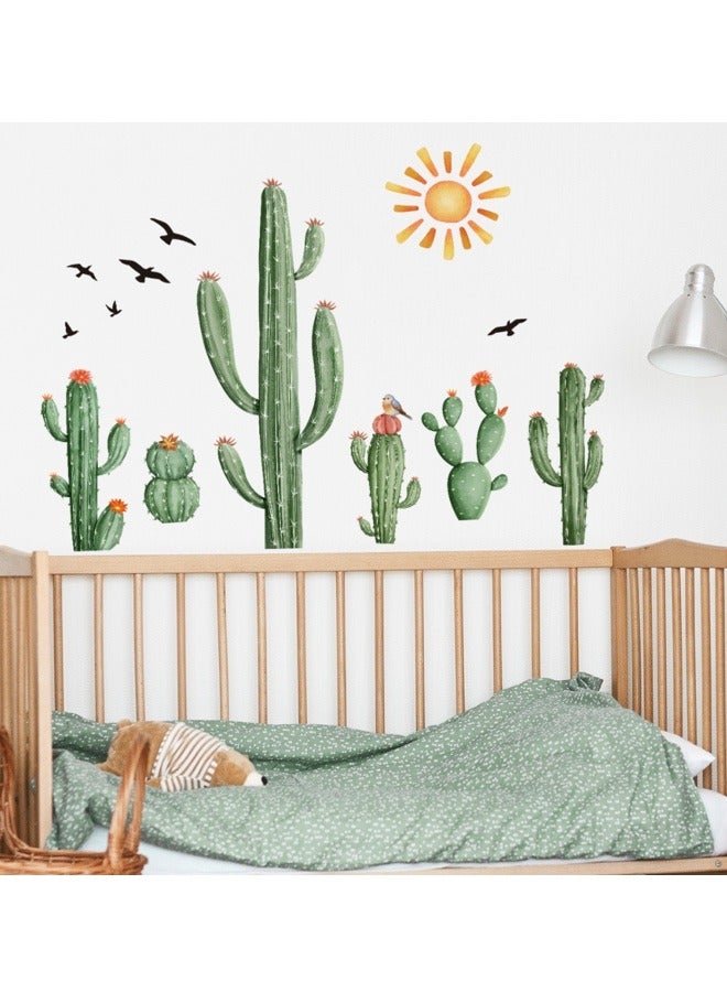 Creative Self-Adhesive Wallpaper with Cactus, Sun and Bird, Light up Background Wall and Room Decoration - Image 1