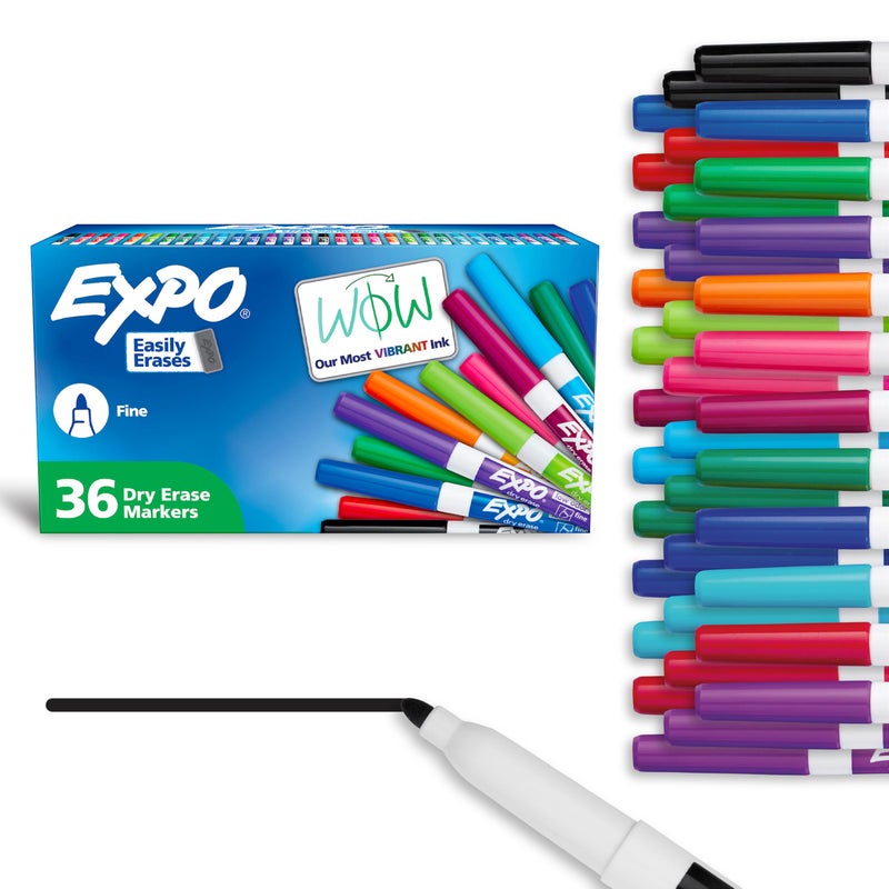 EXPO FineTip LowOdor Ink Dry Erase Markers Assorted Vibrant Colors Pack of 36 Markers for Classrooms Offices Homes