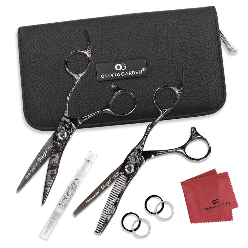 Olivia Garden Dragon Shears Kit - Includes Professional Hair Cutting 5.5" Shear, 6" Thinner, Case, and Accessories - Razor Sharp Scissors - DR-55, DR-T628 - Image 2