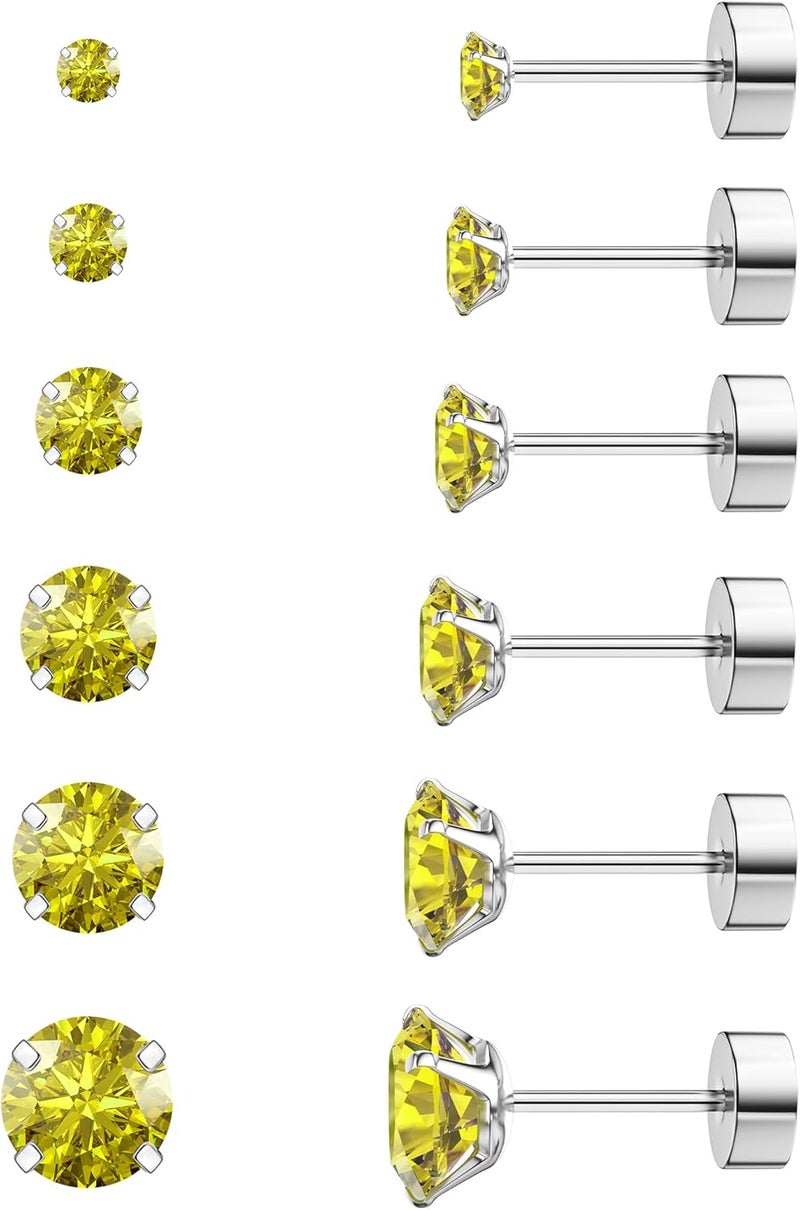 WSSXC 6 Pairs Hypoallergenic Cubic Zirconia Earrings Surgical Steel Flat Back Studs for Cartilage, Screw Back Fashion Jewelry - Image 1