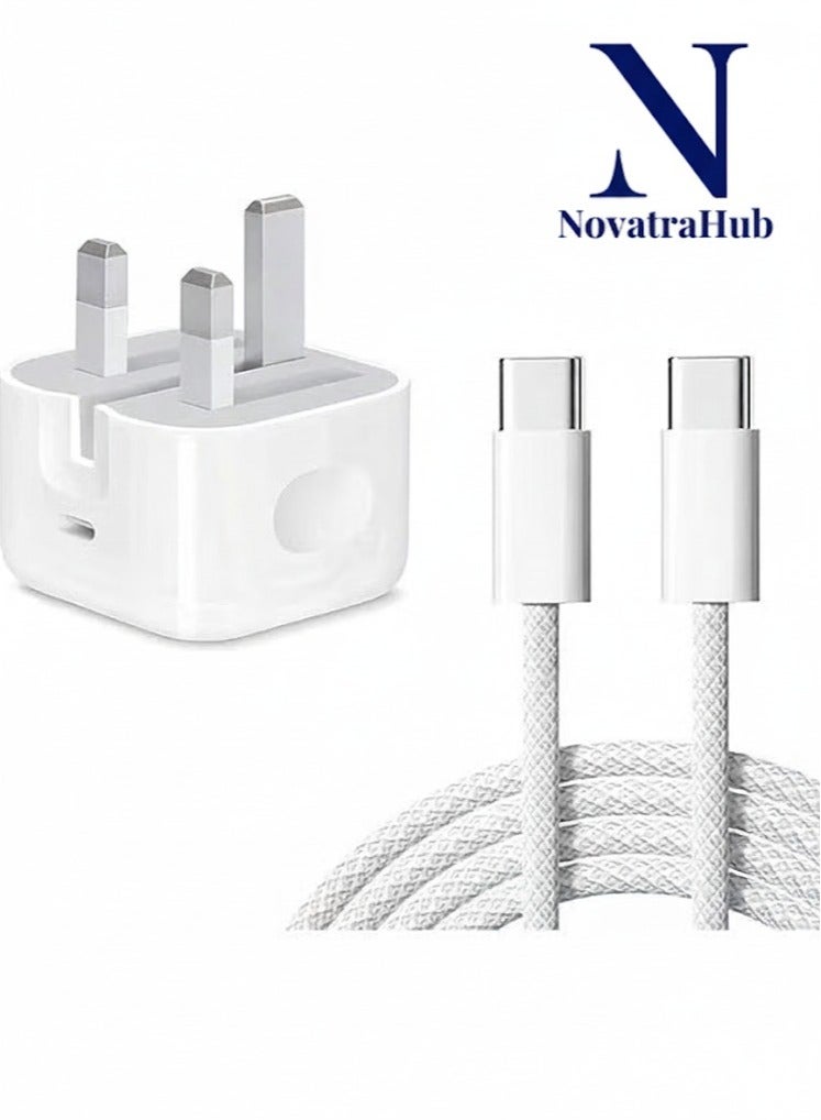 NovatraHub 20W USB-C Fast Charger UK 3-Pin Wall Adapter with Type-C to Type-C Braided Cable for iPhone 15/16, Samsung, iPad & Android – Quick Charge Power Plug