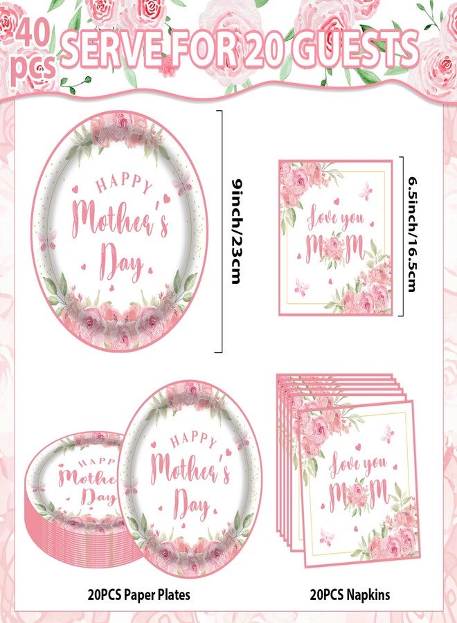 LDFDRT Mother's Day Decorations Pink Flower Plates and Napkins Set of 20, 9 Inch Party Paper Plates and Napkins Sets, Floral Paper Plates for Mother’s Day Party Supplies, Happy Mothers Day Paper Goods - Image 2