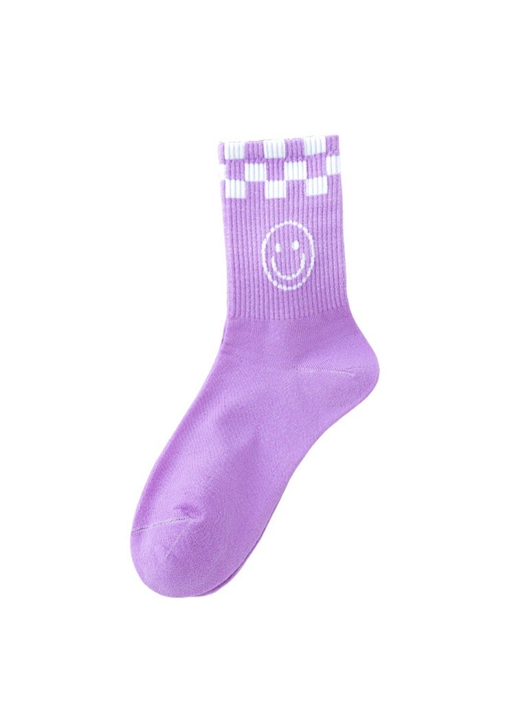 1 Pair Smiley face Plaid Crew Socks Fashion Casual White Purple Checkerboard Ankle Socks for Women Girl  - Image 1